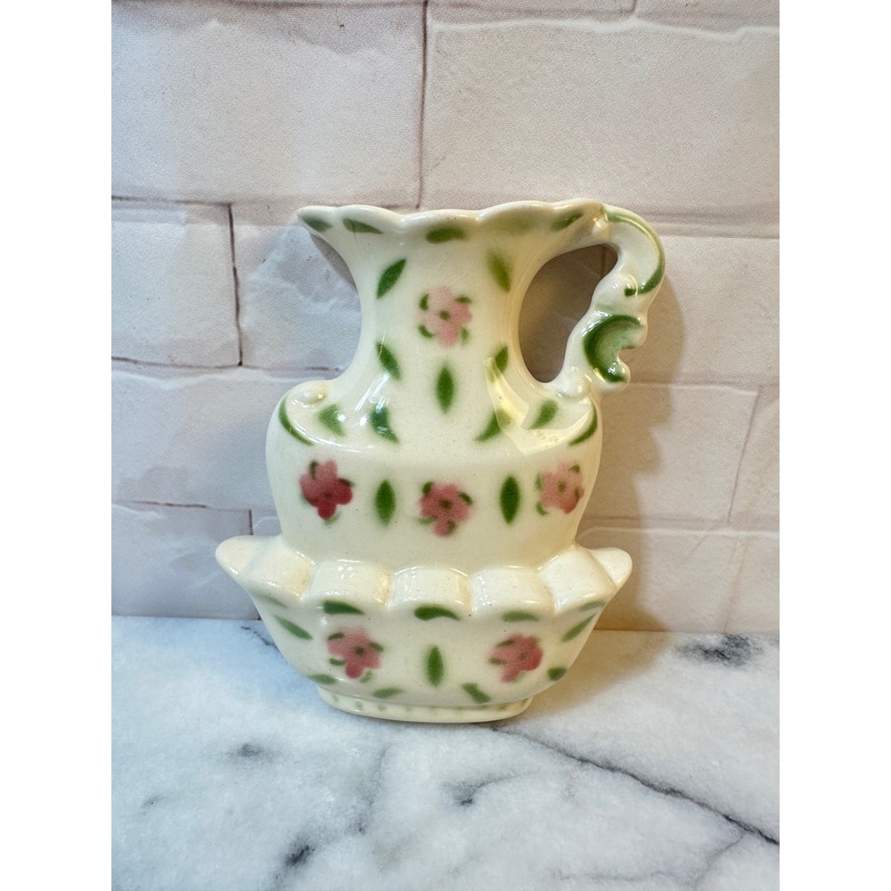 Vintage USA Ceramic Wall Pocket Vase Pink Floral Pitcher Basin Cottagecore 6in